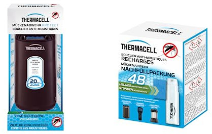 THERMACELL Diffuseur + Recharge Anti-Moustiques et Moustiques Tigres - Protection efficace 20 m² - Inodore - Durée 60h - 5 Cartouches Gaz + 15 plaquettes - Noir THPATIONOIRECHA