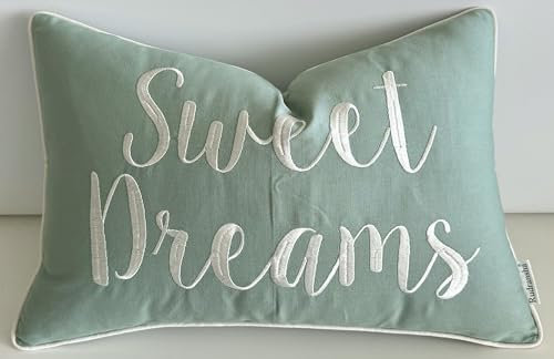Rudransha Sweet Dreams Lendenkissenbezug, Besticktes Zitat, Dekokissen für Couch, Sofa, Bett, Kinderzimmer, gemütliche Ecke, entspannender Schlafzimmer-Akzent, 30,5 x 45,7 cm, Hellblaugrün