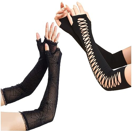 Malaxlx 2 Paar Damen Halloween Spinnennetz Spitze Fingerlose Handschuhe Gothic Punk Handschuhe für Halloween Cosplay Party Kostüm