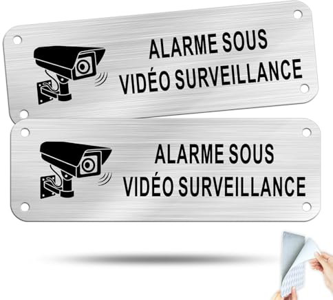 Goodvia Panneau Maison Sous Vidéo Surveillance Alarme Adhésif Aluminium Brossé 15x5 cm Argent/2 pièces