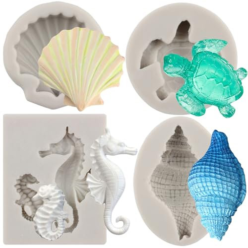 MYPRACS Lot de 4 moules en silicone en forme de tortue de mer, hippocampe, coquillages, conques, fondants, pour décoration de gâteaux, pâte à sucre, cupcakes, bonbons, chocolat, argile polymère