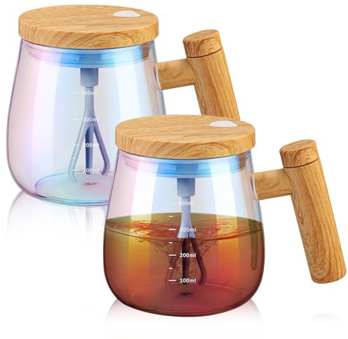 Maxcheck 2 Pcs Self Mixing Glass Coffee Mug with Lid Handle Automatic Electric Cup Rotating Blender Mug for Stir Mixed Drink Milk Protein Office Home, Battery Operated, 400ml (Rainbow)