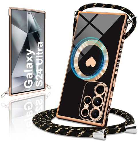 Micoden Handykette für Samsung Galaxy S24 Ultra 5G Hülle Necklace mit Band, Kompatibel mit MagSafe, Magnetische Handyhülle für zum Umhängen Kordel Kameraschutz Stoßfeste Herz Schutzhülle,Schwarz