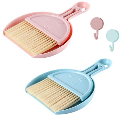 TYXHXTF 2 Pcs Mini Dustpan and Brush Set, Small Broom and Dust pan, Portable Cleaning Brush and Dustpan Combo, for Home,Desktop,Sofa,Kitchen (Blue and Pink)