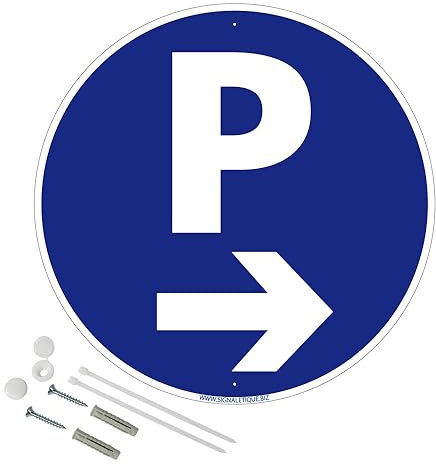 Panneau de signalisation rétro réfléchissant rond prépercé PVC ou ALU diam 250mm ou 300mm + Kit de fixation pour pose facile, rapide - Parking flèche à droite -