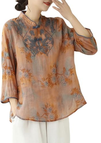 Chemisier chinois pour femme, estival, avec manches 3/4, traditionnel, col Mao, ethnique, en coton et lin, chemise Qipao, L