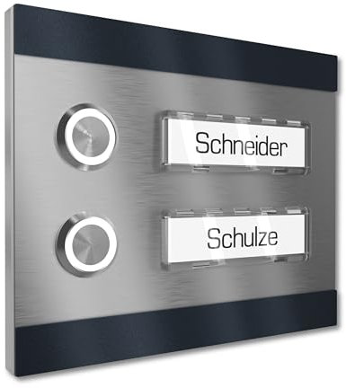 Graviers Design Aufputz Türklingel für Zweifamilienhaus 2 Namensschilder austauschbar - V2A Edelstahl Klingel 140x115 mm Pulverbeschichtet RAL 7016 - Beleuchtung wählbar LED Taster