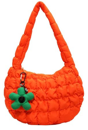 SUNAVY Handtasche Klein Hobo Bag Halbmond Gesteppte Tasche Kleine Umhängetasche Damen y2k Tasche Weiche Faltbare Schultertasche Damen mit Reißverschluss Puffer Tote Bag (Orange)