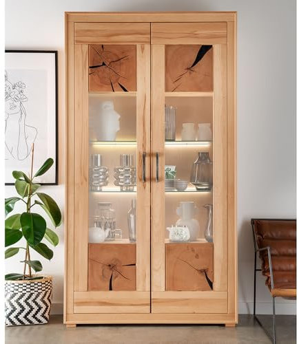 Lomadox Wohnzimmer Esszimmer Vitrinenschrank Vitrine 110cm, Kernbuche massiv geölt, montiert