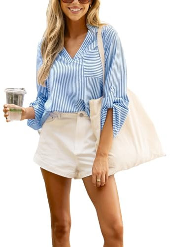 CUPSHE Gestreifte V-Ausschnitt Damen Bluse, Tasche Design Freizeit Langarm Oberteil für Damen, Blau,XL