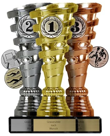 Pokal-Fabrik.de - Pokale 3er Set mit Gravur Wunschtext in Gold, Silber und Bronze - personalisierte Trophäe mit Sport Emblem nach Wahl - 15,5 cm inkl. Marmorsockel - Geschenk-Trophäe | Pokal Kinder