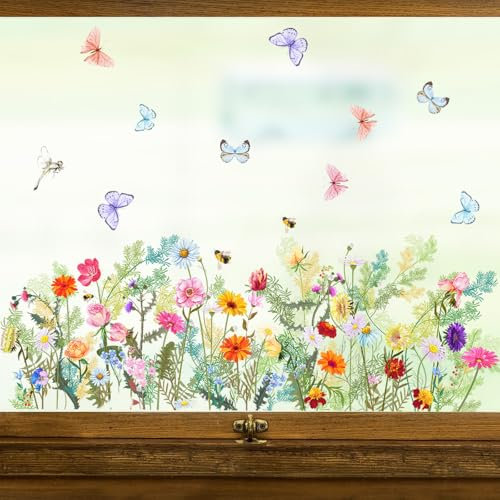 BETESSIN Fensterbilder Frühling Deko - 3 Bögen Blumen Fensterbilder mit Blüten und Schmetterlinge Motiv - Statisch Haftende Fensteraufkleber Selbstklebend - Blumig Fensterdeko für Frühling, Sommer