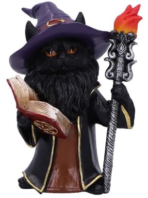 Nemesis Now Albus Wizard Cat Figurine, Spell Book Trinket | Hand-Painted Resin Fantasy Decor, Wizard Attire and Torch