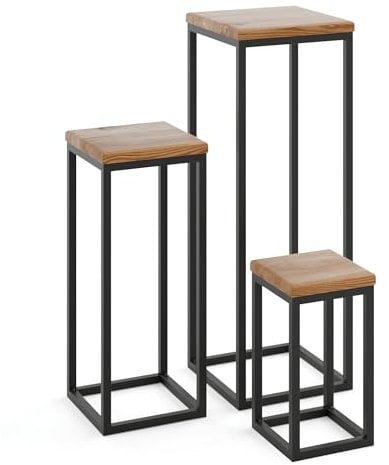 LAMO Manufaktur Pflanzenständer Set - 3 Stücke 30/50/70 cm | Blumenständer Metall Schwarz | Blumenhocker Holz mit Dunkel Farbe | 100% Echtholz | Sockel für Zimmerpflanzen
