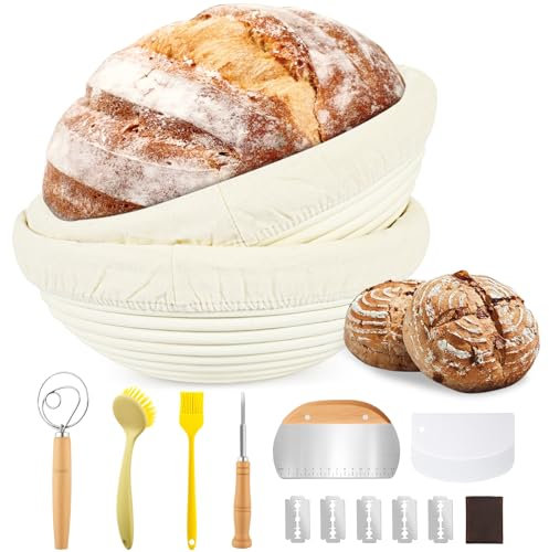 Votoko 10 Pièces Ensemble De Paniers De Fermentation, Paniers À Banneton En Rotin Naturel Ronds Pour Pain, Kit Pour Faire Du Pain Pour Boulangers Professionnels Avec Coupe Pâte Et Spatule À Pain