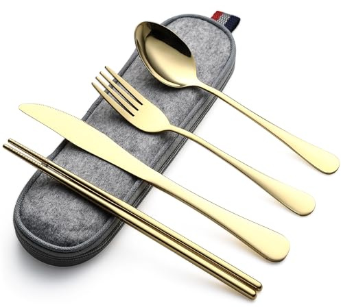 DEVICO Travel Cutlery Set, Stainless Steel Camping Cutlery Set for 1 | 5-Piece Picnic Cutlery with Case, Portable Chopsticks Knife Fork Spoon Set for Work/School/Lunch Box, Gold