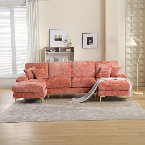 HOXINBLY Divano Letto 4 Posti con Penisola, Divano Angolare 4 Posti Forma di U, Divano Letto Matrimoniale con Materasso, Divano 4 Posti con Braccioli, Ciniglia Rosa
