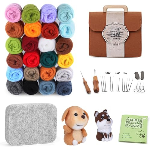 FGXY 24 Farben Nadelfilz Set, 47 Stück Filzwolle Nadelfilzen Starter Kit, Bastelsets für Kinder, Bastelzubehör, mit Nadelfilzpad, Filznadeln, Filzwolle, Anleitung Grundwerkzeugen und Zubehör