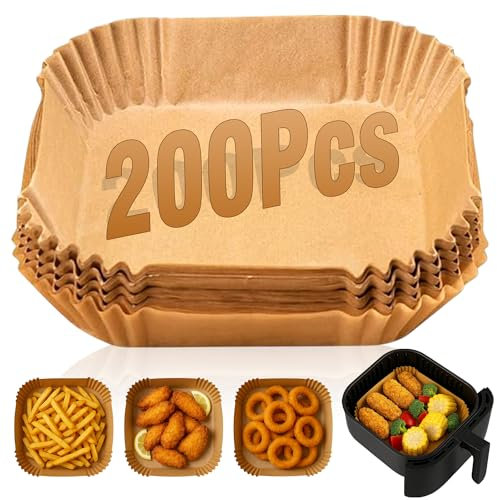 CHEF ROYALE 200pcs x Air Fryer Liner - 6.5 inches Square Parchment Disposable Paper Liner - Compatible with COSRI, Ninja, Tefal, Russell Hobbs Fryers (Unbleached 200pcs)