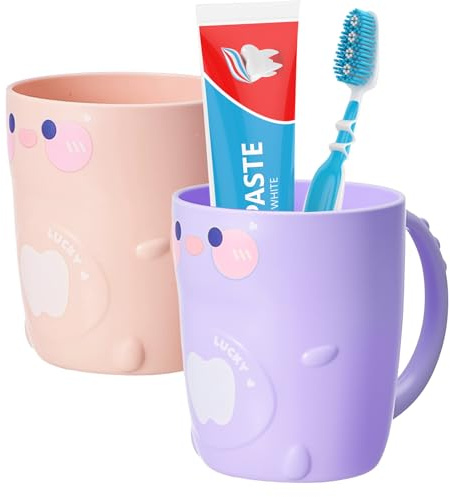 Mecmbj Zahnputzbecher Kinder, 2 Stück Zahnputzbecher Kunststoff, Cartoon Dinosaurier Becher Kinder, Dauerhaft Mundwasserbecher mit Henkel, für Heimat, Reisen und Camping