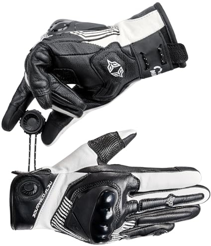 DUHAN Leather Motorcycle Gloves for Men/Women, Touchscreen Riding Gloves with Magnetic Fasteners TPU Knuckle for Motorcross, Motorbike, Adv, Dirtbike, Hunting, Skiing, Skating (White, Medium)