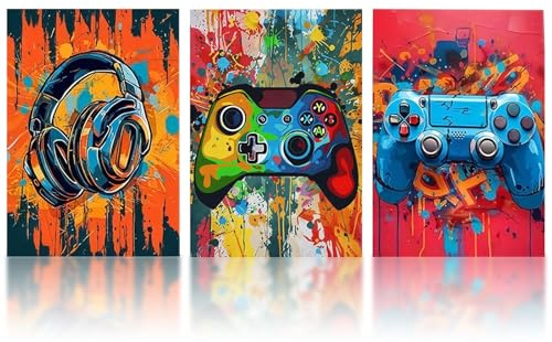 milaosk 3 Stück Wandbilder Gaming Poster Junge Bild Leinwand Kunstdrucke | Videospiel Kopfhörer Gamepad Bilder für Jugendzimmer Schlafzimmer Spielzimmer Deko 12x16 Zoll Ungerahmt