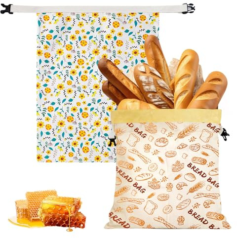 2 sacchetti riutilizzabili in cera d'api per il pane, 43 x 33 cm, in cotone, sacchetti per il pane con panno di cera d'api, fodera interna, grande borsa per il pane, lavabile per pane e prodotti da