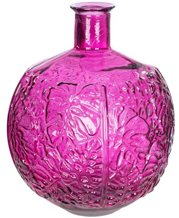 GILDE Vase Dschungel aus Glas - Blattmotiv - Rund - Glänzend - Magenta - Höhe 44cm x Ø 33cm - wasserdichte Blumenvase