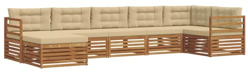 vidaXL Sofagarnituren 7 pcs Natur und Beige Massivholz Akazie, Gartenlounge, langlebiges Ecksofa, Sitzmöbel für außen, Terrasse, Moderne Möbel, Bequeme Gartenmöbel