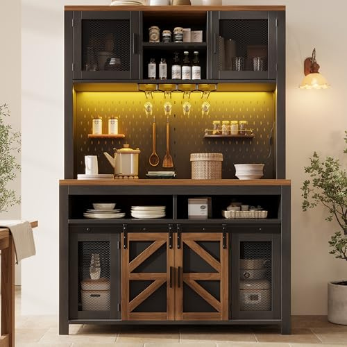 FammyLoft Küchenschrank mit USB-Anschluss, Buffetschrank mit LED-Beleuchtung, Hochschrank mit Große Stauraum, Vitrinenschrank Küche, Esszimmerschrank, Vitrine, Schrank Küche, Schwarz