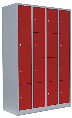 Lüllmann 16 Fächer Schließfachschrank komplett montiert grau/rot 180x117x50cm Wertfachschrank Fächerschrank Spind Umkleideschrank 520444