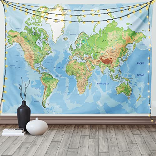 ABAKUHAUS Weltkarte Wandteppich und Tagesdecke, Topographische Bildung aus Weiches Mikrofaser Stoff Waschbar ohne Verblassen Digitaldruck, 230 x 140 cm, Hellblau Grün