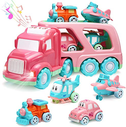 Ensemble de Jouets de Voiture 5 en 1 Jouet de Véhicule de Transport avec Lumière et Son Camion Transporteur à Double Couche avec Petites Voitures Cadeau pour Enfant Fille Anniversaire Noël, Rose