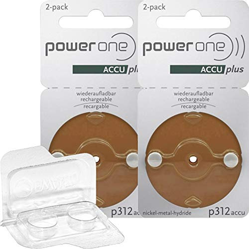 4 batterie per apparecchi acustici PowerOne Braun accu 312 (2 blister) + scatola portaoggetti EWANTO per due batterie