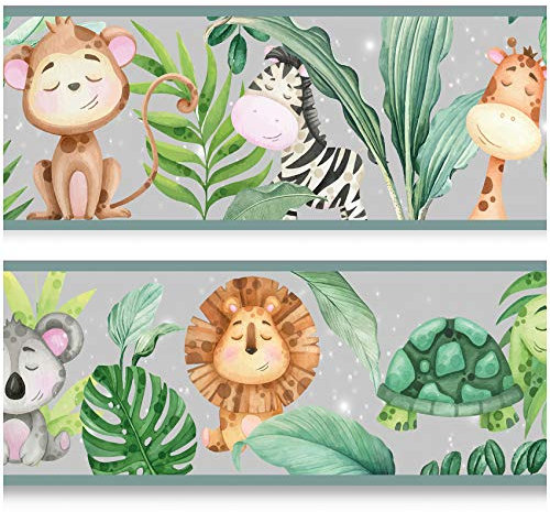 Bordüre 15cm x 200cm für Kinderzimmer Babyzimmer Dekor Aufkleber Wandbordüre selbstklebend Wandtattoo für Kinder Mädchen Junge Y033 (Dschungel)