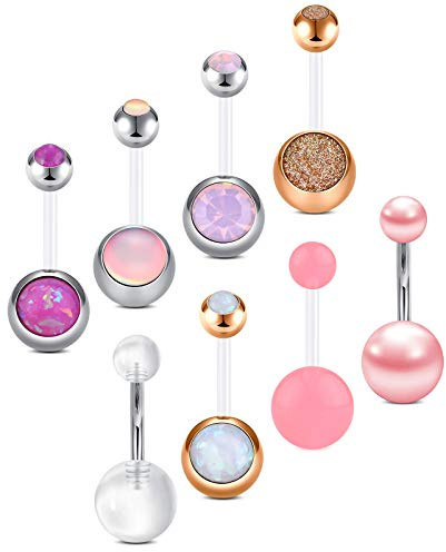 FECTAS 8er Bauchnabelpiercing Set 14G 10mm Plastik Flexibel Kunststoff Bauchpiercing Silber Rosa Bioflex