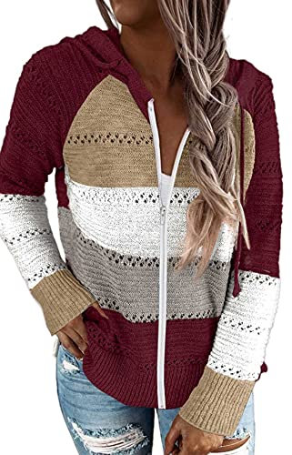 GOLDPKF Hoodie Damen Pullover Reißverschluss Strickpullover Langarmshirt Hoodies Hohler Pullover Gestreift Farbanpassung Sweatshirt Hoodie Hoody Damens Rotwein XL 48-50