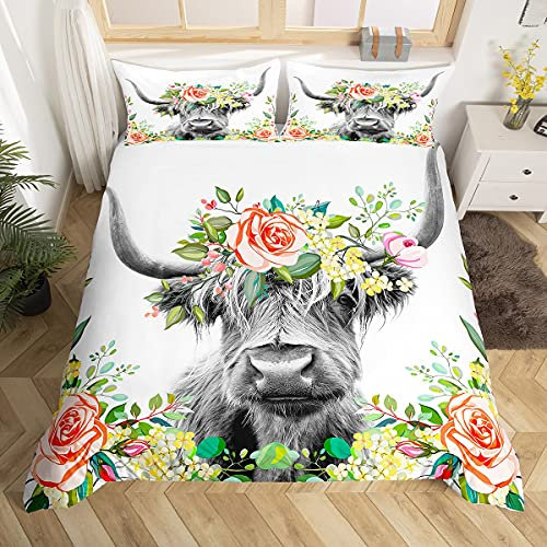 Homemissing Highland Kuh Bettwäsche Set für Mädchen Jungen Kinder Bull Rinder Blumen Bettwäsche 135x200cm Western Wild Tier Bettbezug Blumen Room Decor Wildlife Bauernhaus Kuh Bettwäsche Kollektion