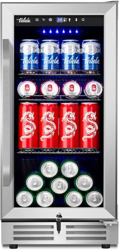 Velieta - Refrigerador de bebidas de 15 pulgadas y refrigerador de cerveza debajo del mostrador integrado o no empotrado, enfriador de bebidas de 127 latas con puerta de vidrio y cerradura para