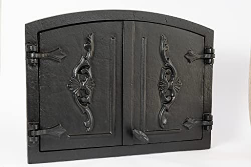 SEZAM Porte de fumoir double en fonte, avec loquet de porte, semi-circulaire, porte pour fumoir - porte de four - porte de four en pierre, 41 x 4 x 55 cm, peinte en noir