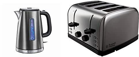 Russell Hobbs 23211 Luna Quiet Boil Electric Kettle, Stainless Steel, 3000 W, 1.7 Litre, Grey & 18790 Futura 4-Slice Toaster, 1500 W, Stainless Steel Silver, Four Slice