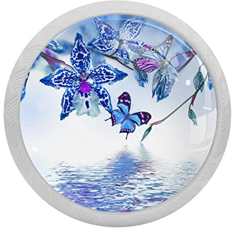 Schubladenknauf, Schmetterling in Orchideen, See, Kristallglas, ergonomisch, 30 mm, rund, leuchtend