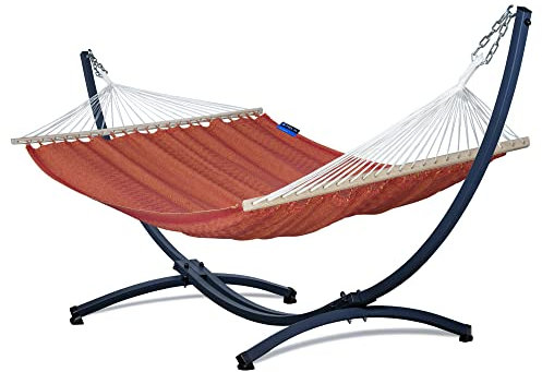 Potenza Outdoor Hängematte mit Gestell für 2 Personen I 100% Baumwolle Medelin Stabhängematte 215x140, 160kg I Hängemattengestell 220kg, wetterfest (Basic Gestell Graphit, Rot)