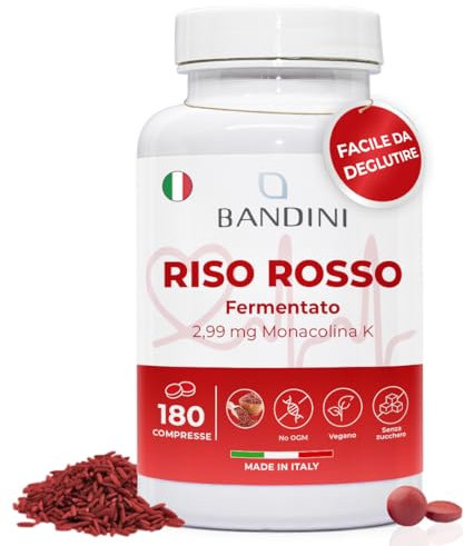 Bandini® RISO ROSSO FERMENTATO da Lievito Monascus Purpureus, 180 Compresse (6 mesi) Facili da Deglutire 99,7mg Red Yeast Rice, 2,9mg di Monacolina K, Senza additivi, Vegan, Senza OGM, Made in Italy