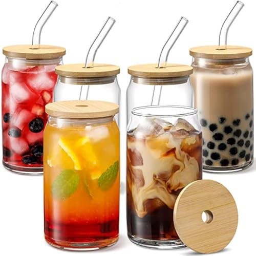 LIFKOME 2 tazas de vidrio con tapas de madera y popote, vasos de café helado de 12 onzas, tazas en forma de lata, vaso portátil para bebidas, batido, té Boba, café, transparente