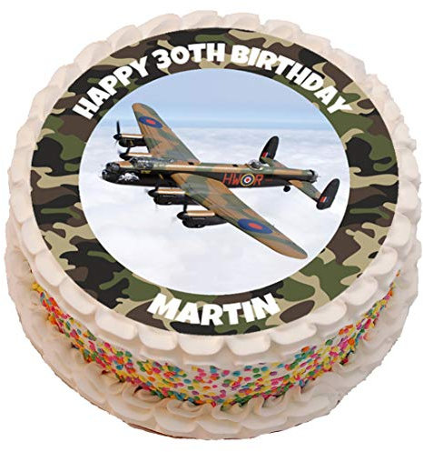 Lancaster Bomber Plane Personalised PRECUT Cake Topper 7.5 Inch Round Edible Icing Sheet Birthday Decoration