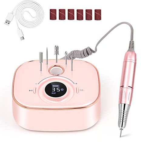 Fresa per Unghie Professionale 35000 Giri Trapano per Unghie Cordless con Display a LCD e 6 punte Levigatura per Pedicure Manicure, con Funzione Memoria e Pulsante Pausa (rosa)