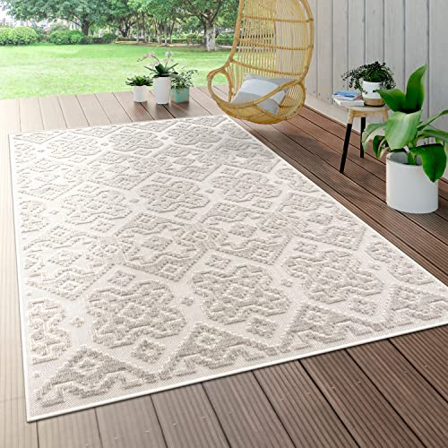 Paco Home Outdoor Teppich Wetterfest Wohnzimmer Balkon Küche Orientalisch Ornament Skandinavisch Geometrisches Muster 3D Effekt Modern, Grösse:160 cm Rund, Farbe:Creme 2