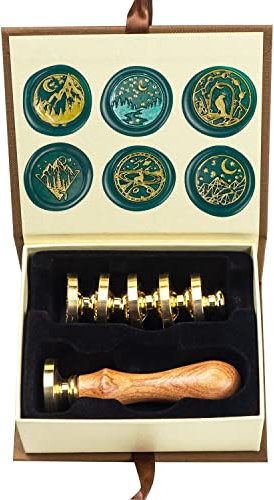 ANBOSE Wachs-Siegel-Stempel-Set mit 6 PCS abnehmbare Messingköpfe und 1 Holzgriff, Sternenkrähe Hirsch Mond Siegel Wachsstempel für Karten Einladungen