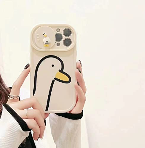 JiuWang Handyhülle für iPhone 12 mit Schiebbarem Kameraschutz | 3D Süße Ente & Druckmuster | TPU Weichschale Stoßfest | Niedliches Kawaii Design (Beige)